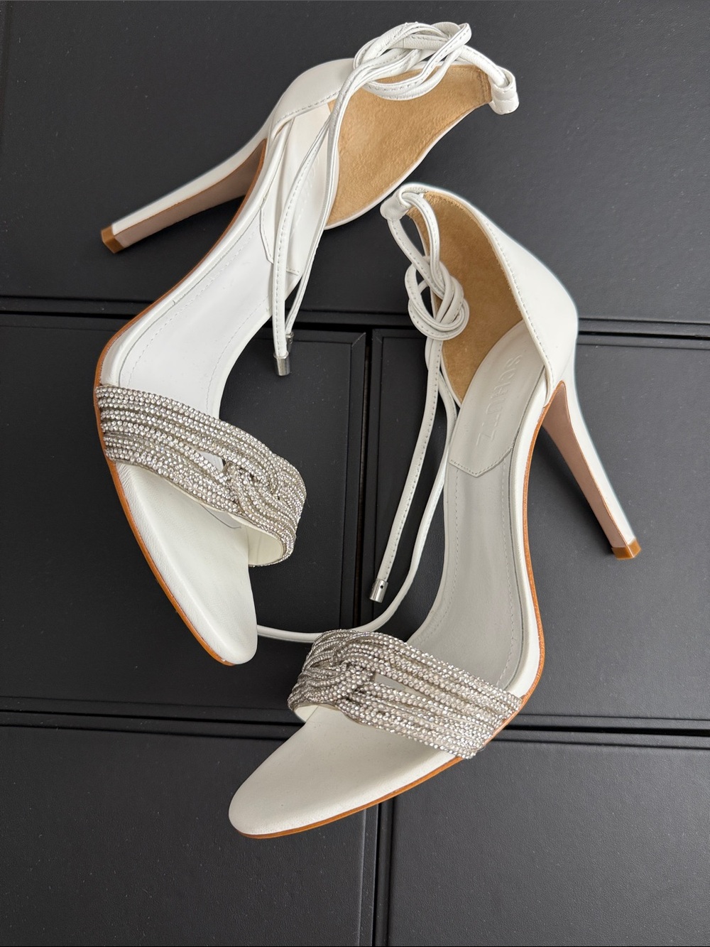 SCHUTZ White Crystal Beaded Leather Stiletto Sandals